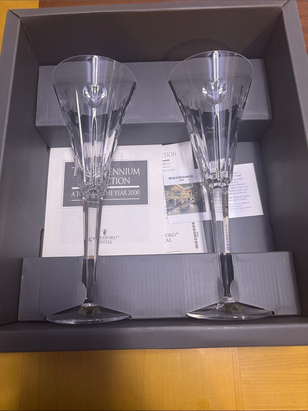 Set of 2 Waterford Crystal Clear Faceted Champagne Flutes millennium collection.